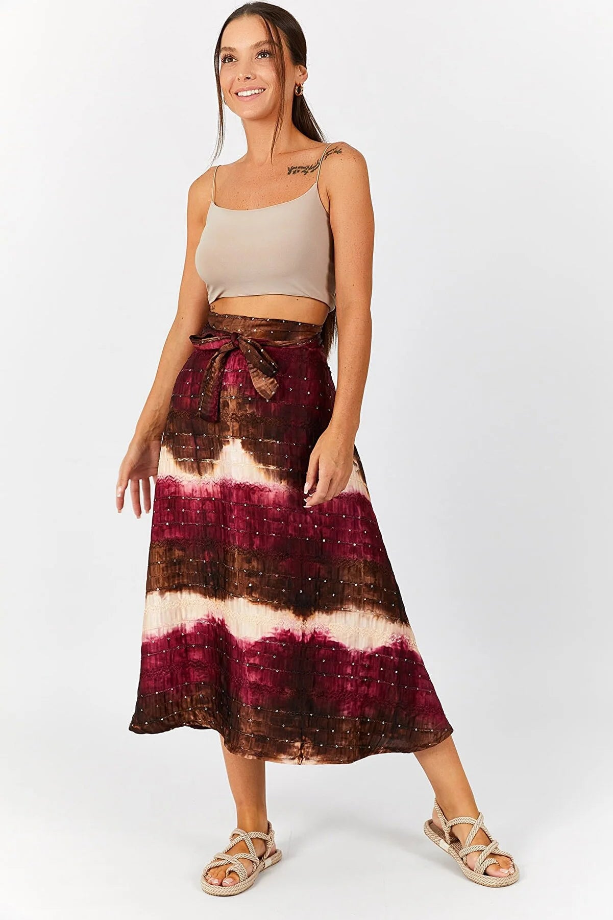 Women s Patterned Sequined Waist Tie Maxi Skirt