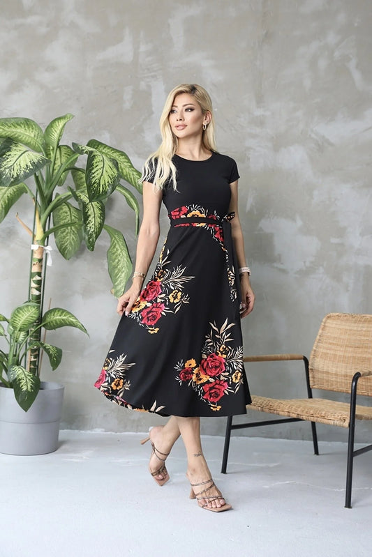 Women's Floral Patterned Short Sleeve Midi Dress