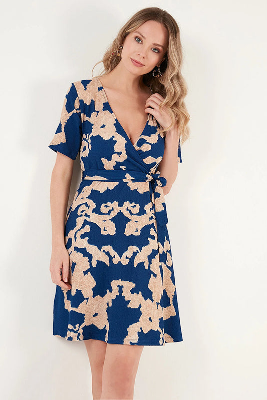 Women's Patterned Double Breasted Neck Midi Dress