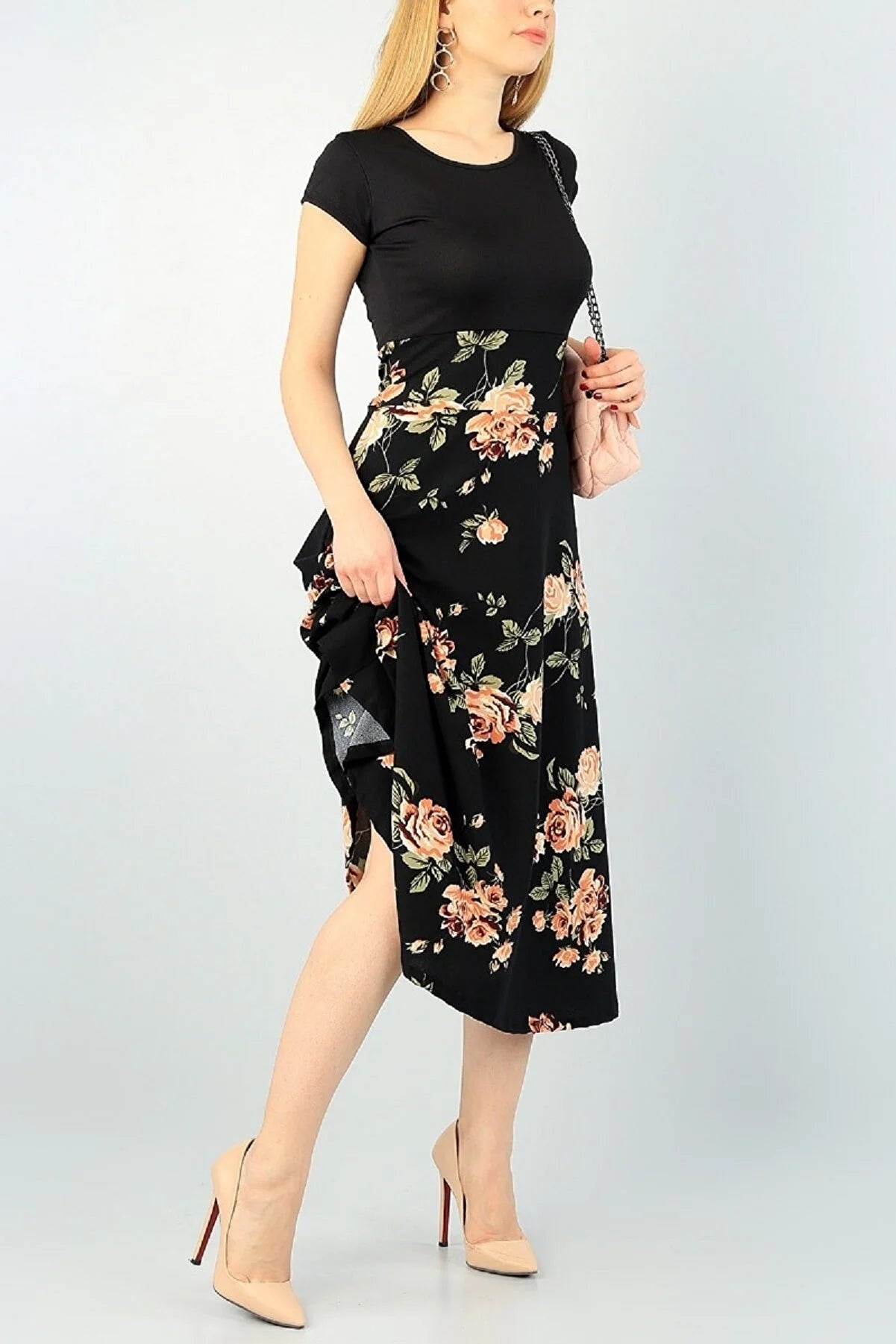 Women's Floral Patterned Short Sleeve Detailed Midi Dress