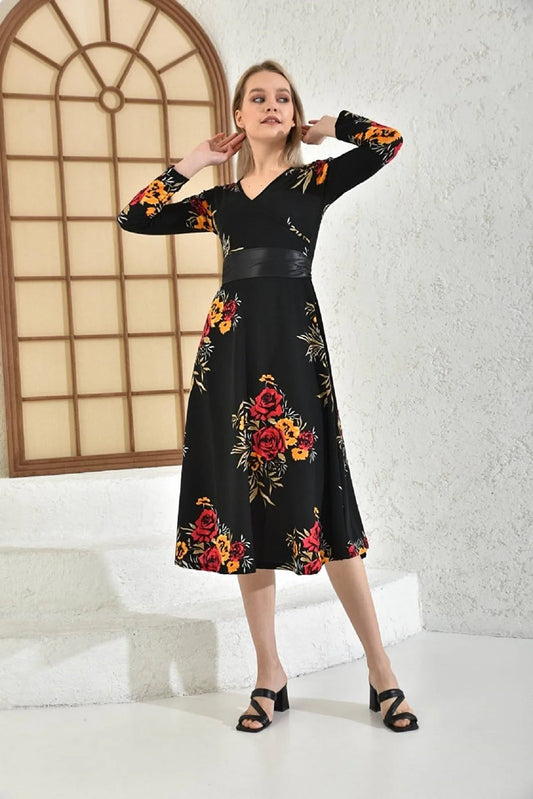 Women's Floral Patterned Double-breasted Long Sleeve Midi Dress