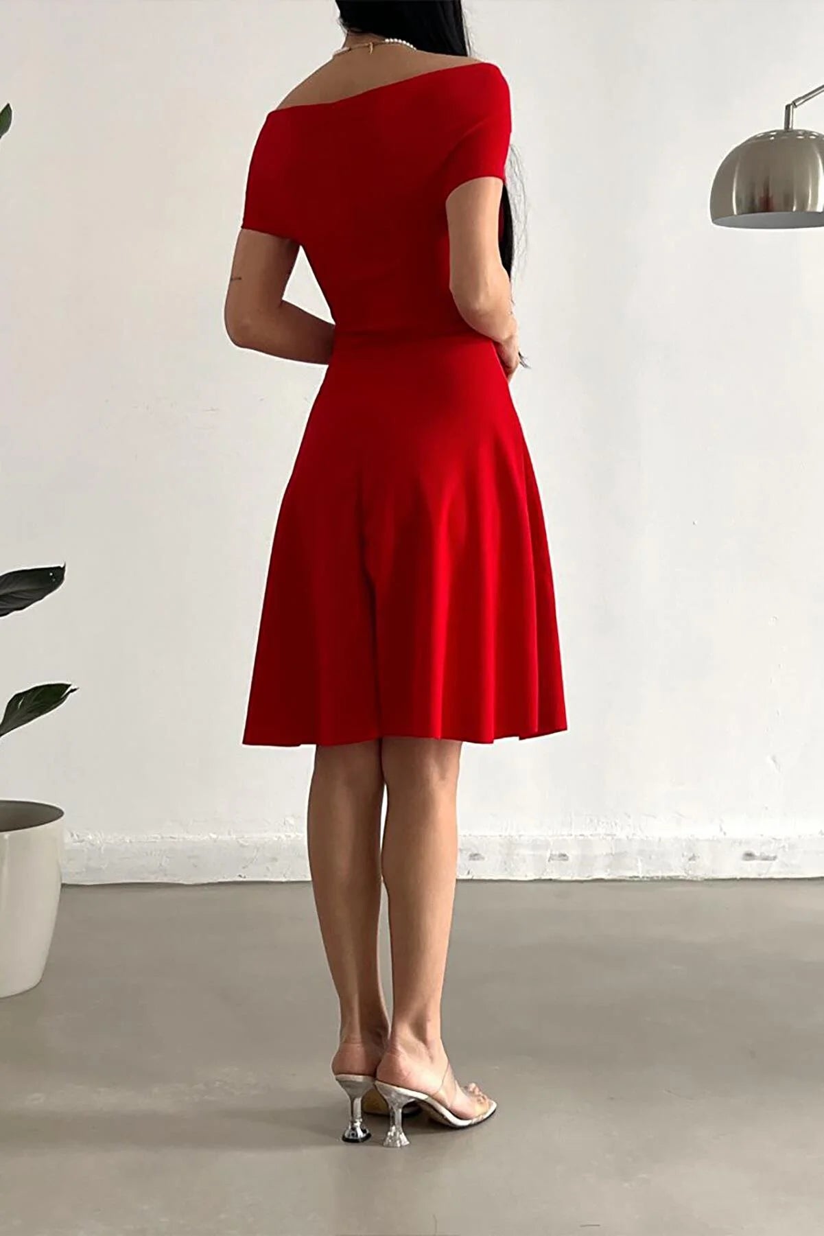 Women's Red Madonna Collar Crepe Fabric Flared Dress