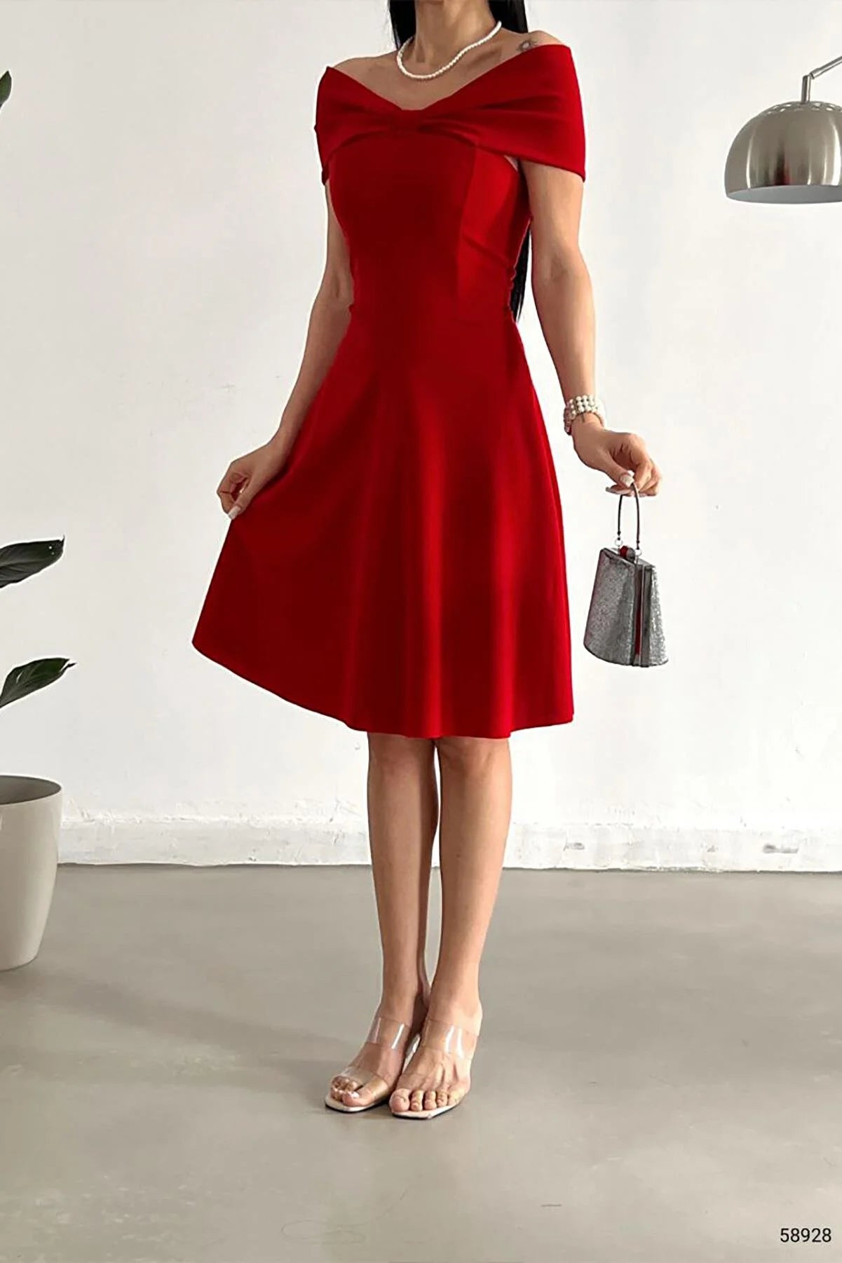 Women's Red Madonna Collar Crepe Fabric Flared Dress