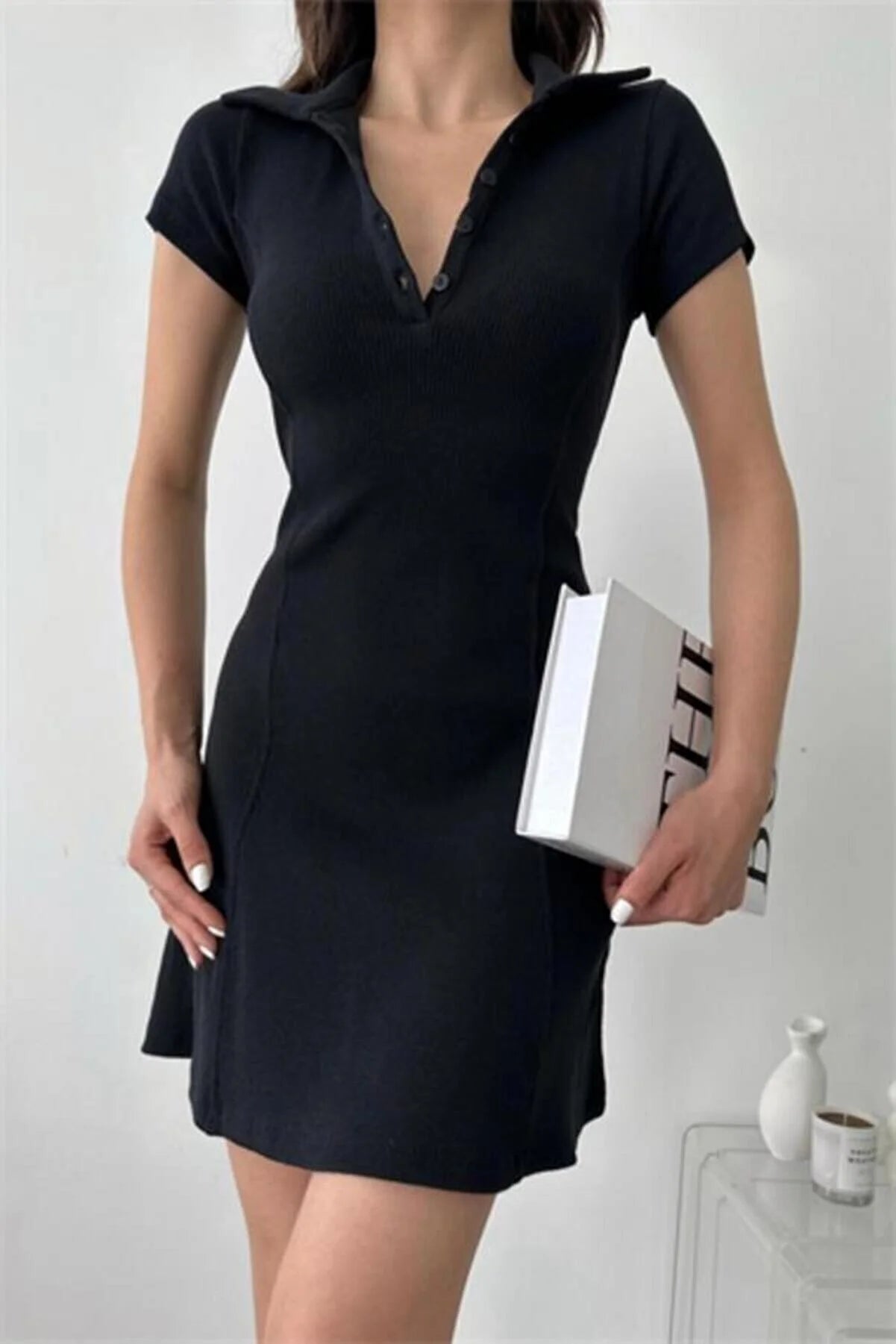 Women's Black Body-Hugging Buttoned Polo Neck Short Sleeve Mini Dress