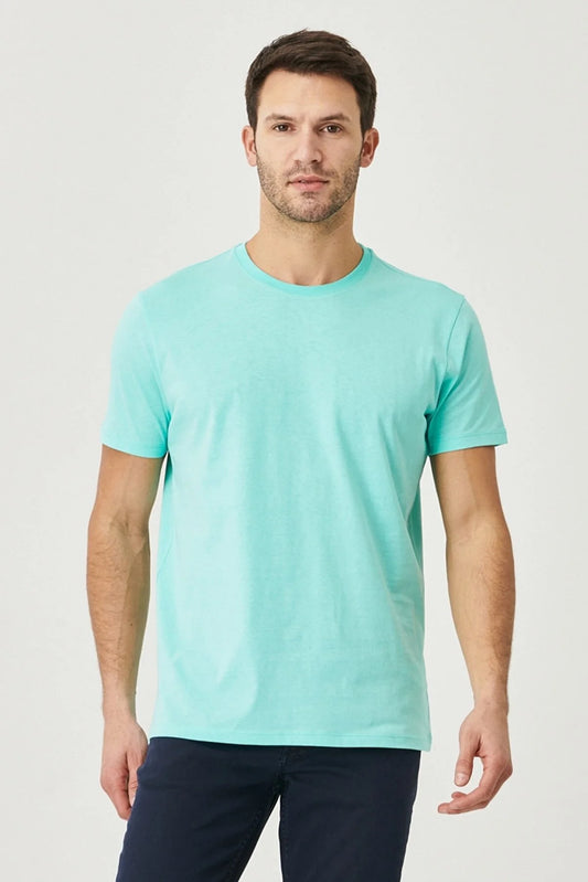 Men's Turquoise Blue Slim Fit Crew-Neck 100% Cotton T-Shirt