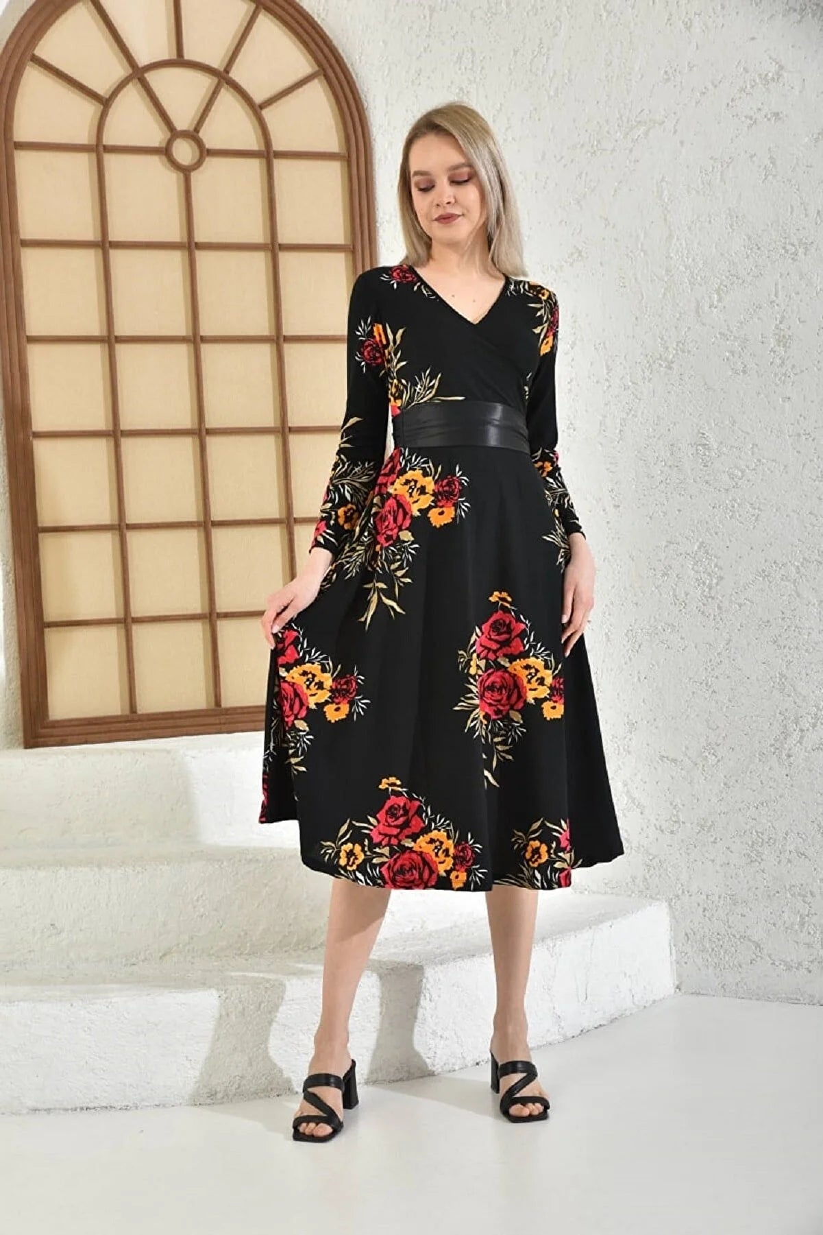 Women's Floral Patterned Double-breasted Long Sleeve Midi Dress