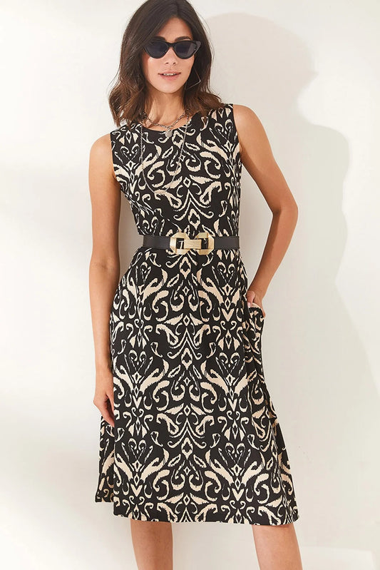 Women's Patterned Flared Crew-Neck Midi Dress with Pockets