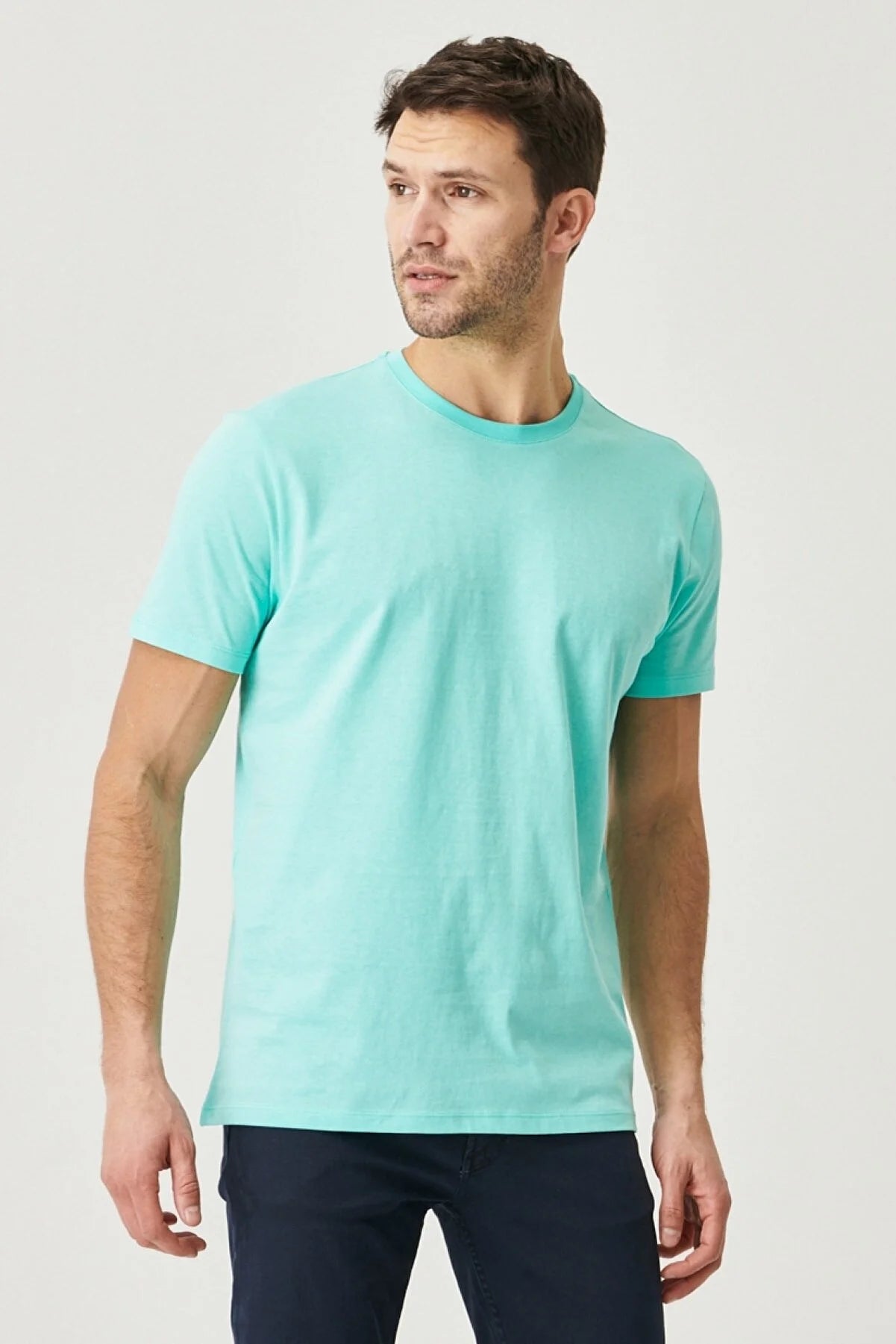 Men's Turquoise Blue Slim Fit Crew-Neck 100% Cotton T-Shirt