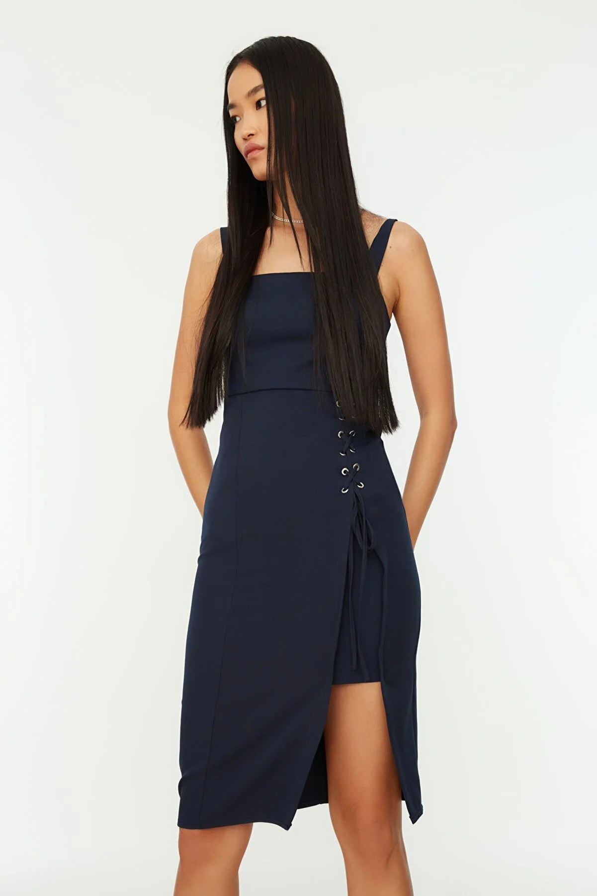 Women's Navy Blue Body-Hugging Detailed Slit Square Neck Midi Dress