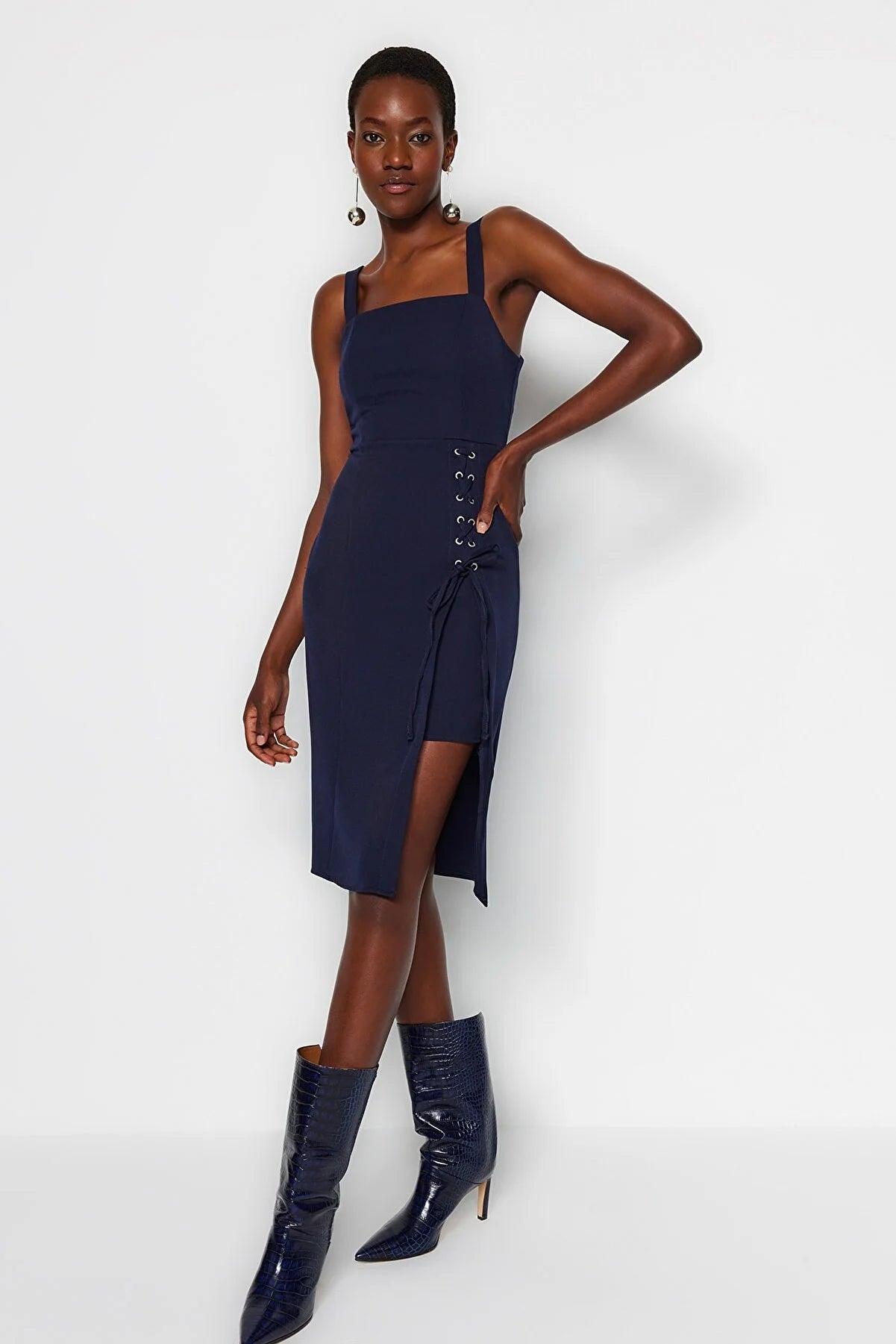 Women's Navy Blue Body-Hugging Detailed Slit Square Neck Midi Dress