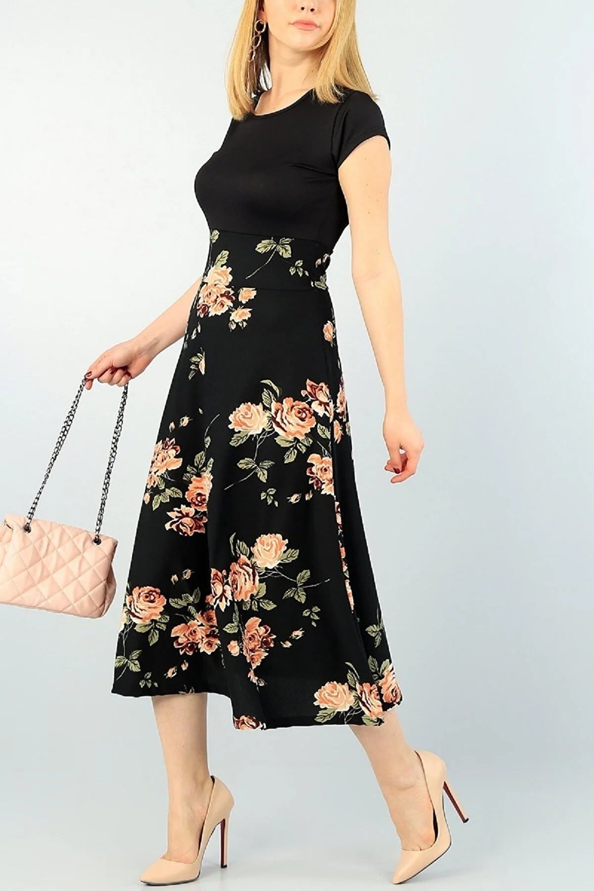 Women's Floral Patterned Short Sleeve Detailed Midi Dress