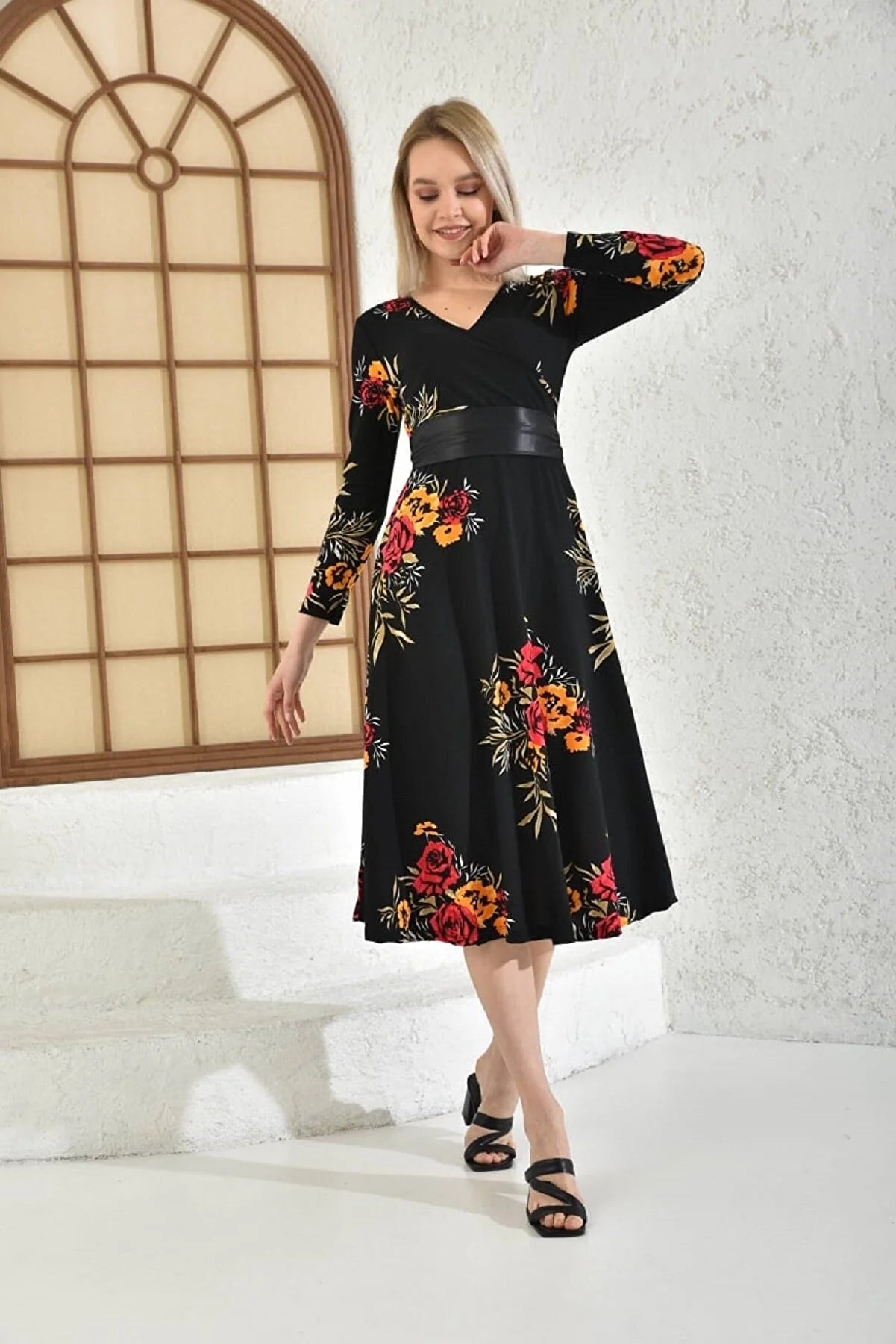 Women's Floral Patterned Double-breasted Long Sleeve Midi Dress