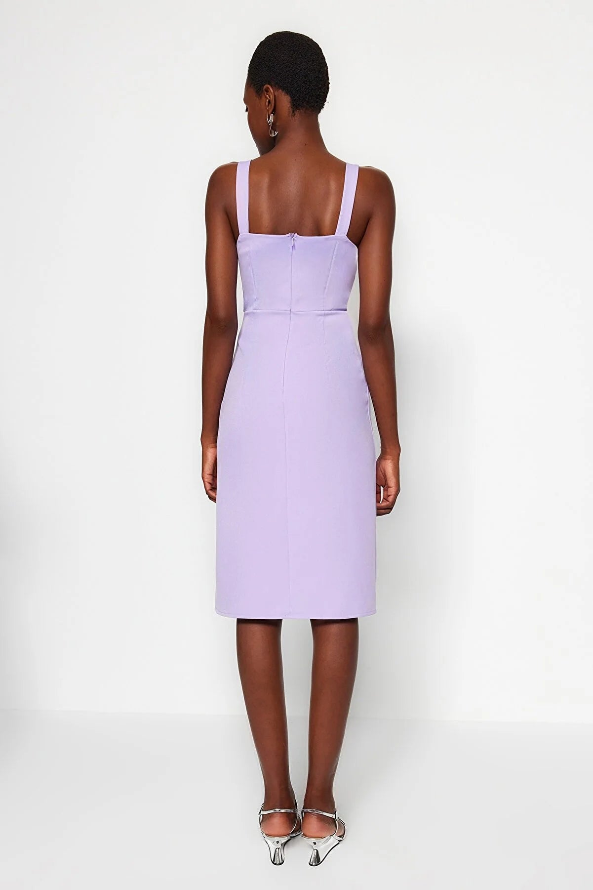 Women's Lilac Body-Hugging Detailed Slit Square Neck Midi Dress