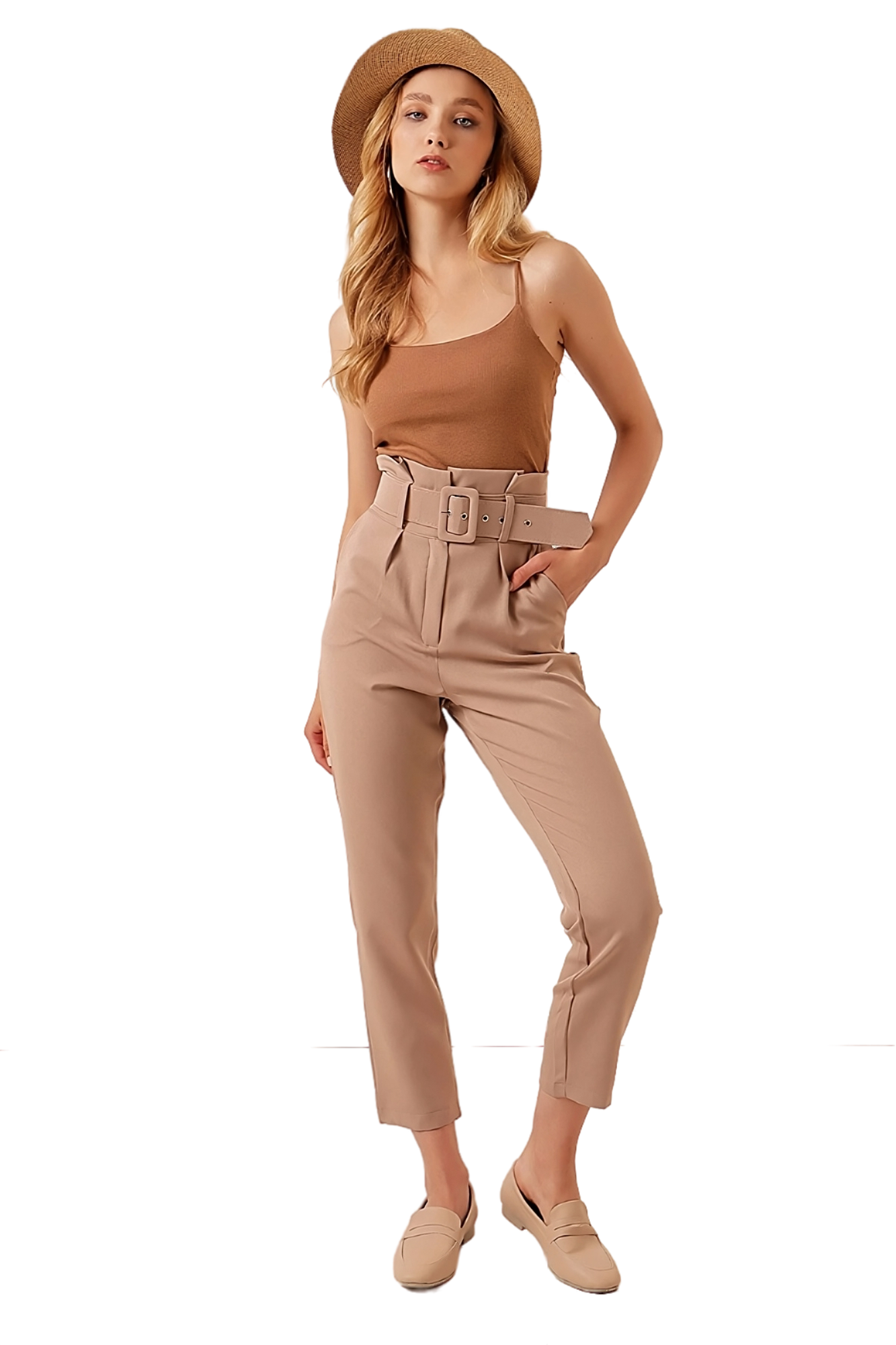 Women's Light Brown Straight Belt Detailed High-Waist Pants