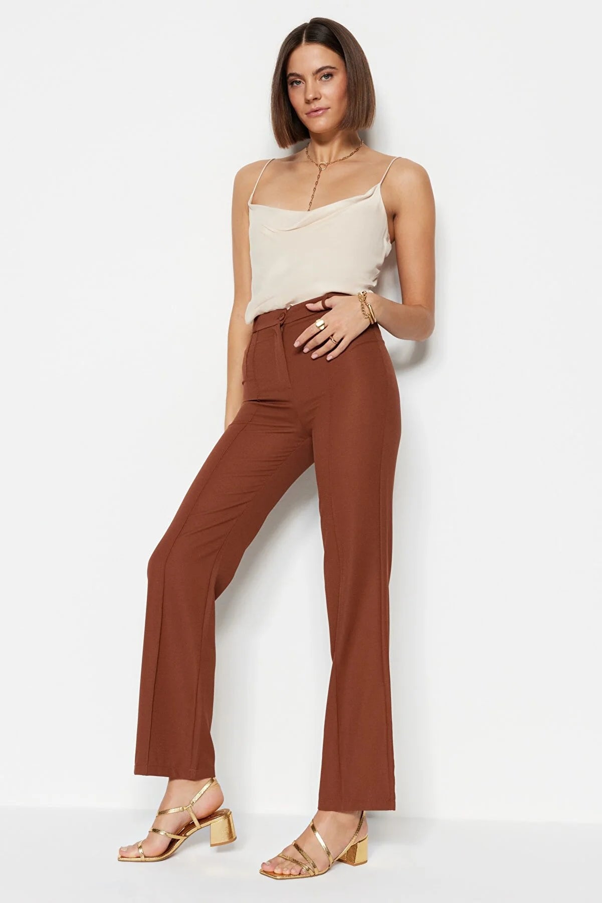 Women's Straight High-Waist Brown Pants