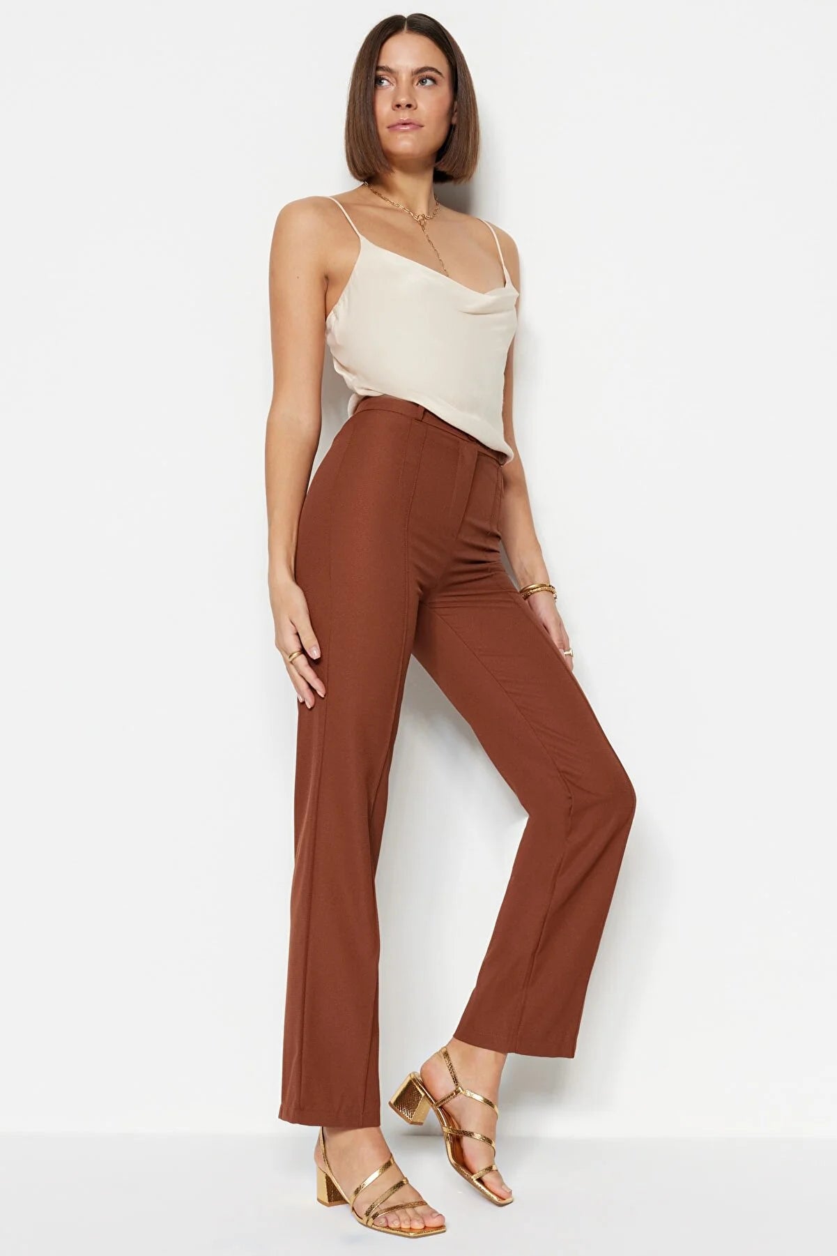 Women's Straight High-Waist Brown Pants