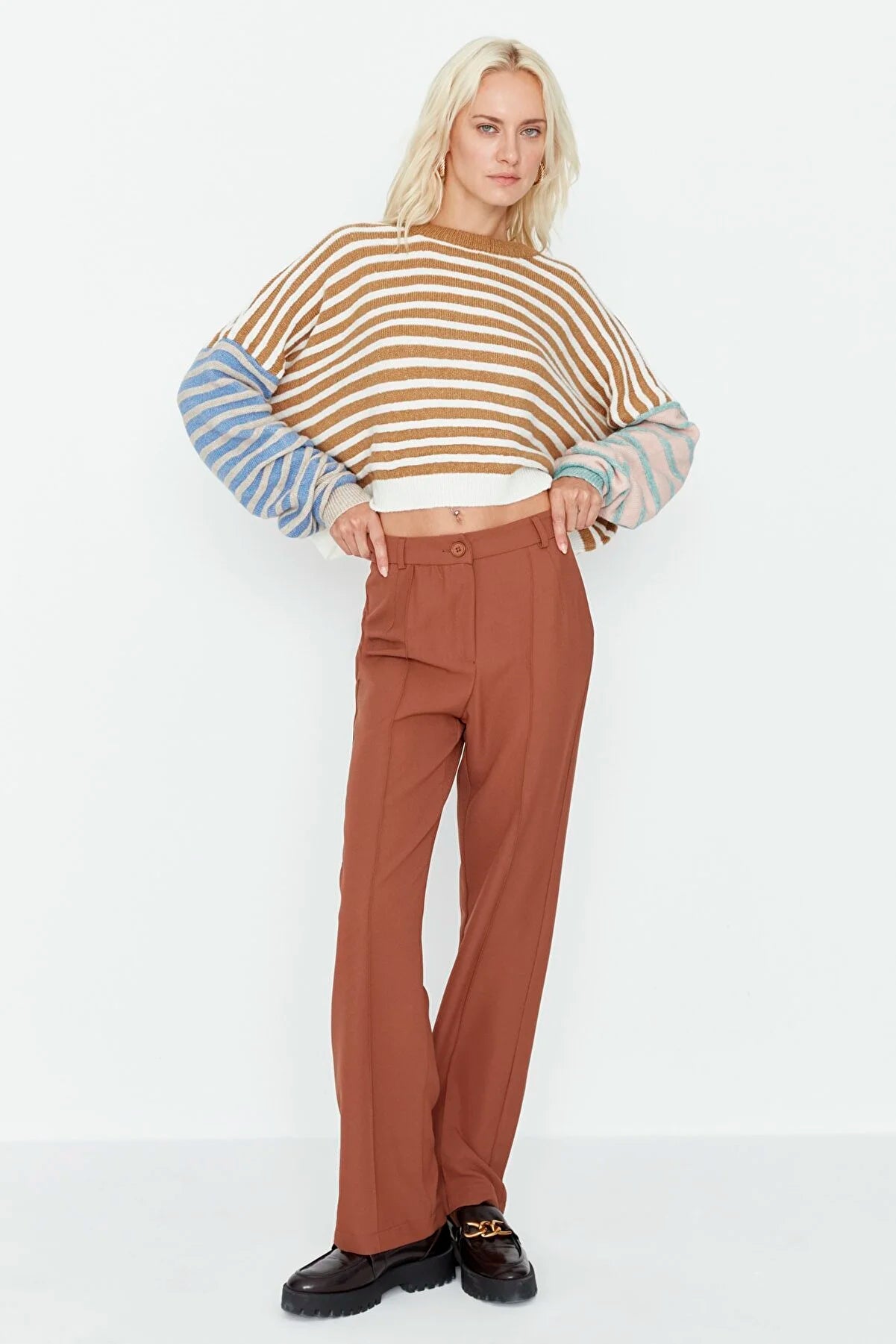 Women's Straight High-Waist Brown Pants