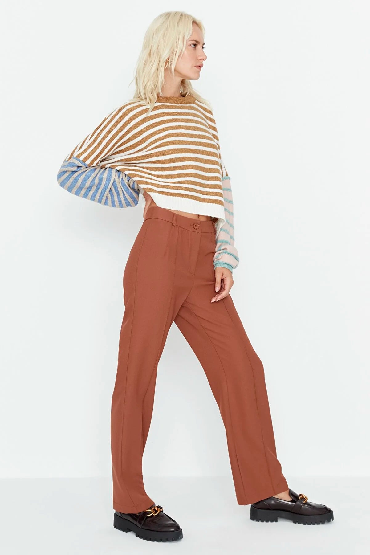 Women's Straight High-Waist Brown Pants