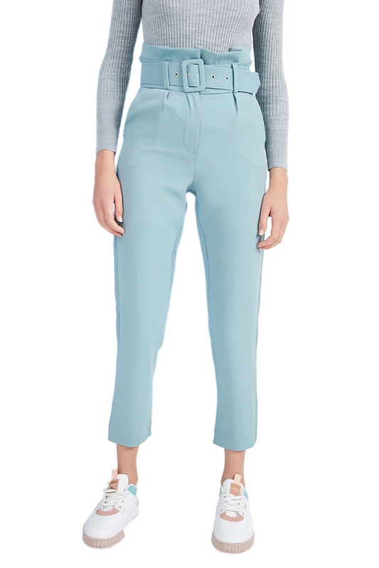 Women's Cadet Blue Straight Belt Detailed High-Waist Pants