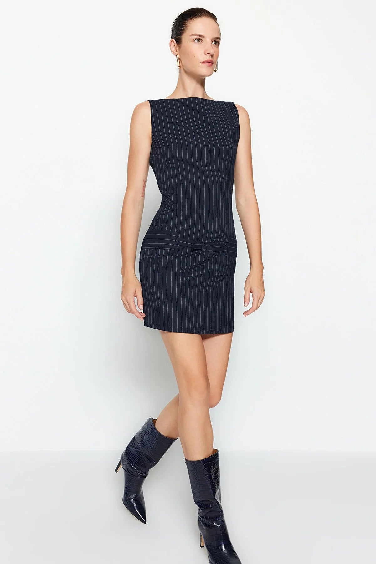 Women's Navy Blue Belted Mini Striped Body-Fitting Dress