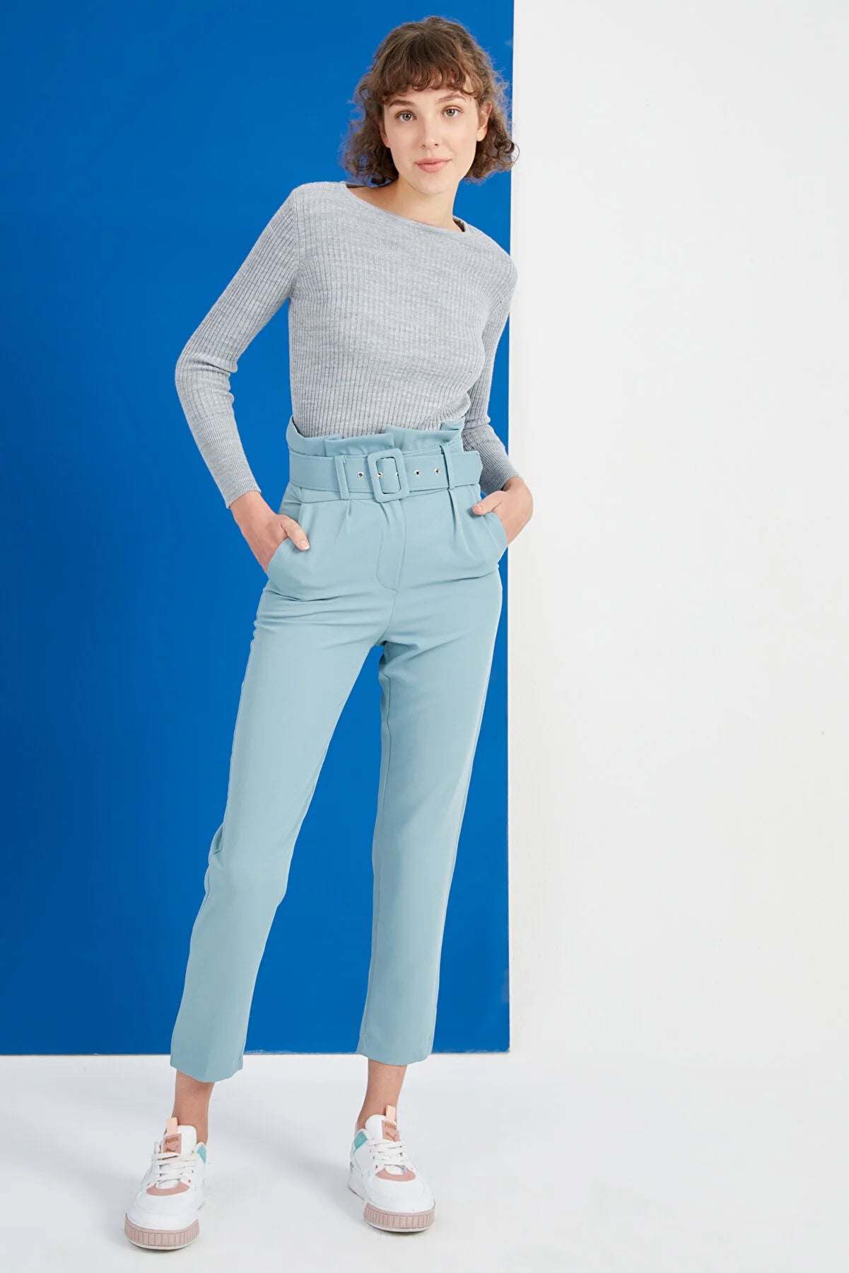 Women's Cadet Blue Straight Belt Detailed High-Waist Pants