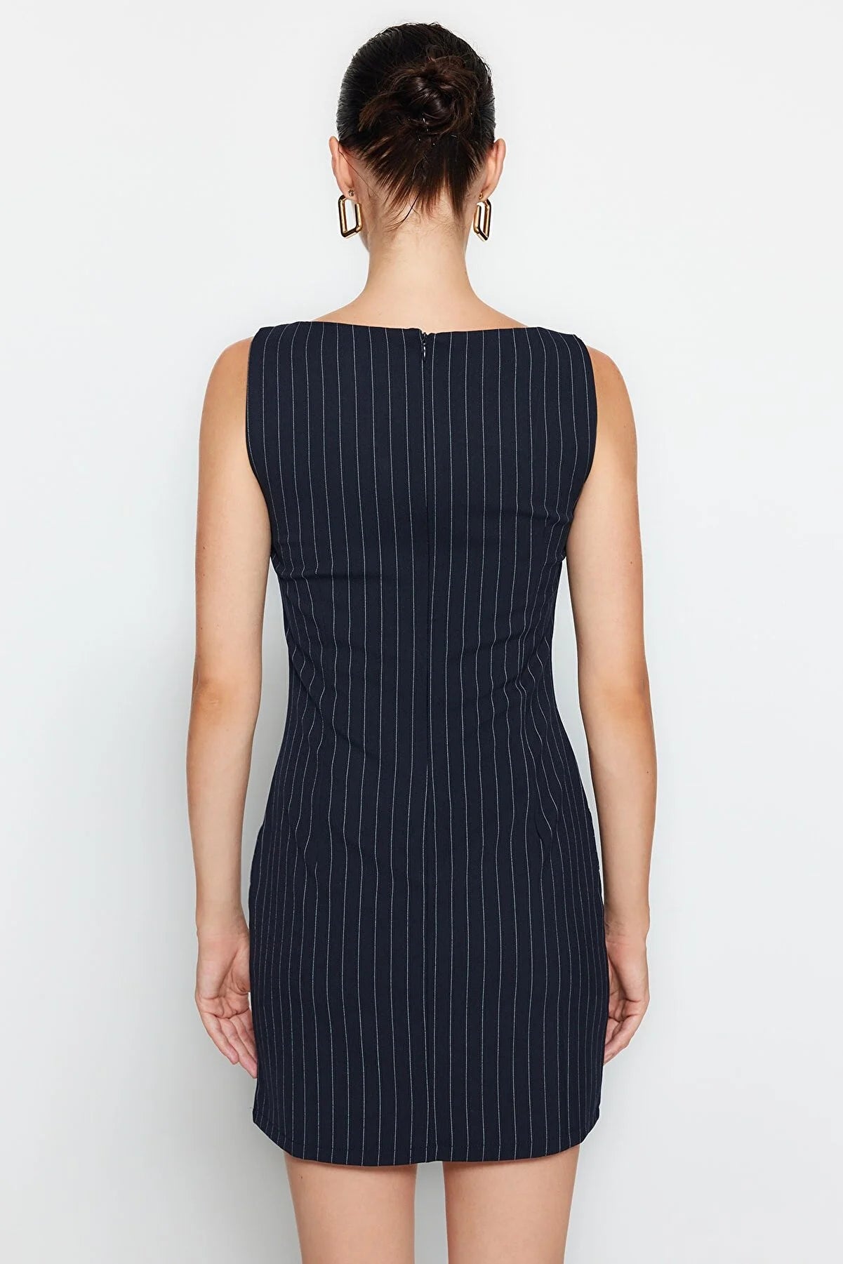 Women's Navy Blue Belted Mini Striped Body-Fitting Dress