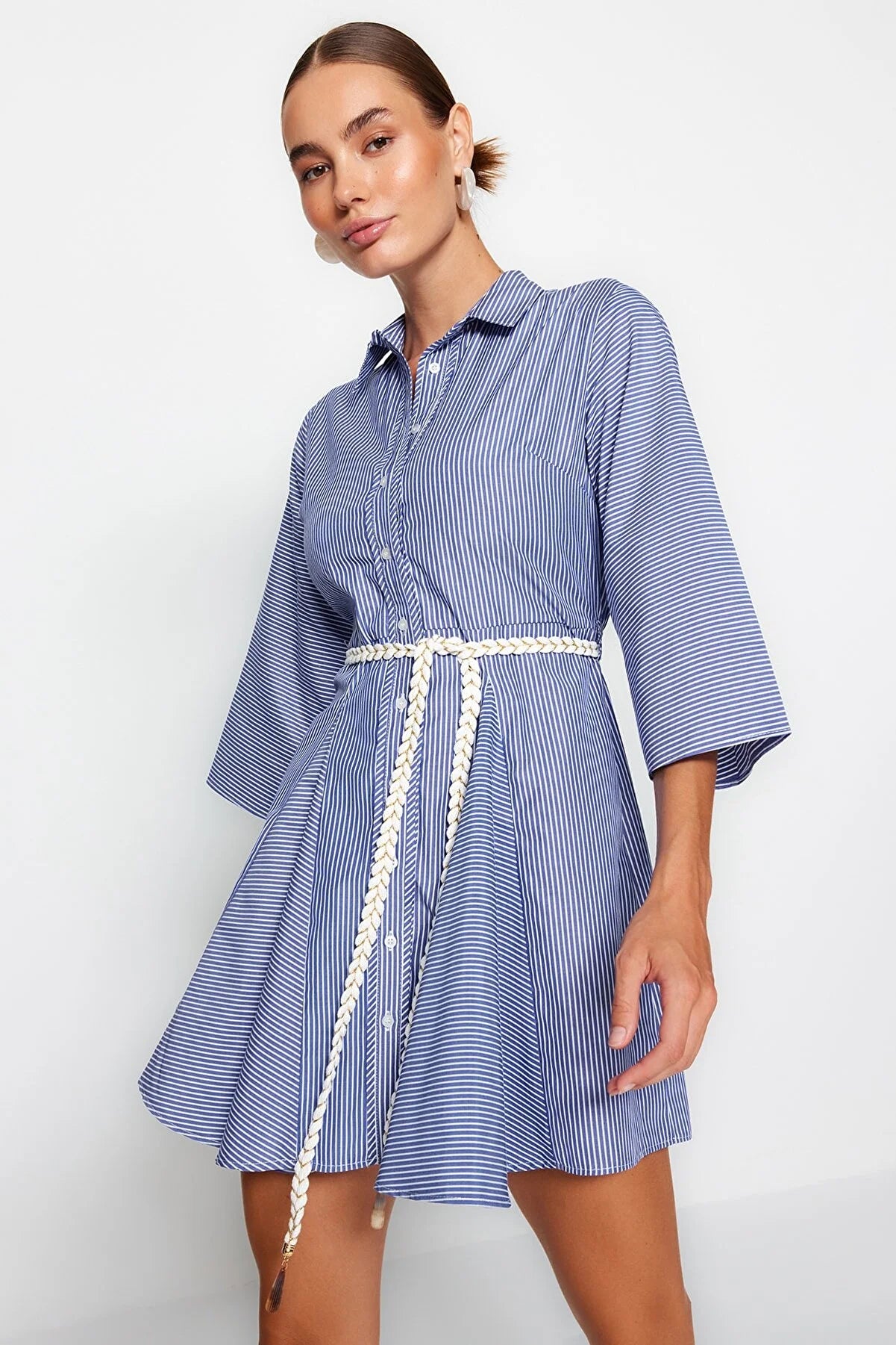 Women's Blue Striped Belted Mini Dress