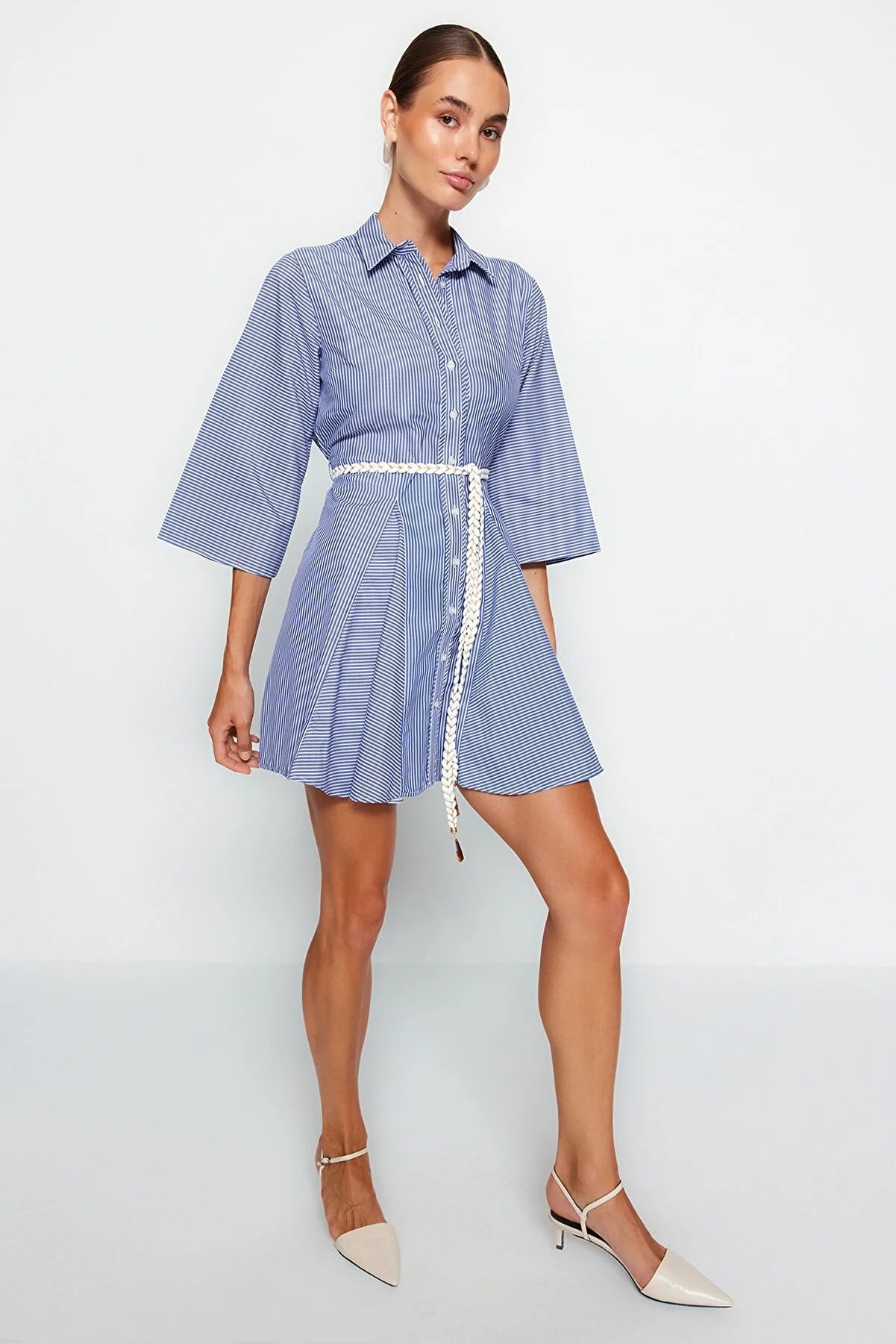 Women's Blue Striped Belted Mini Dress