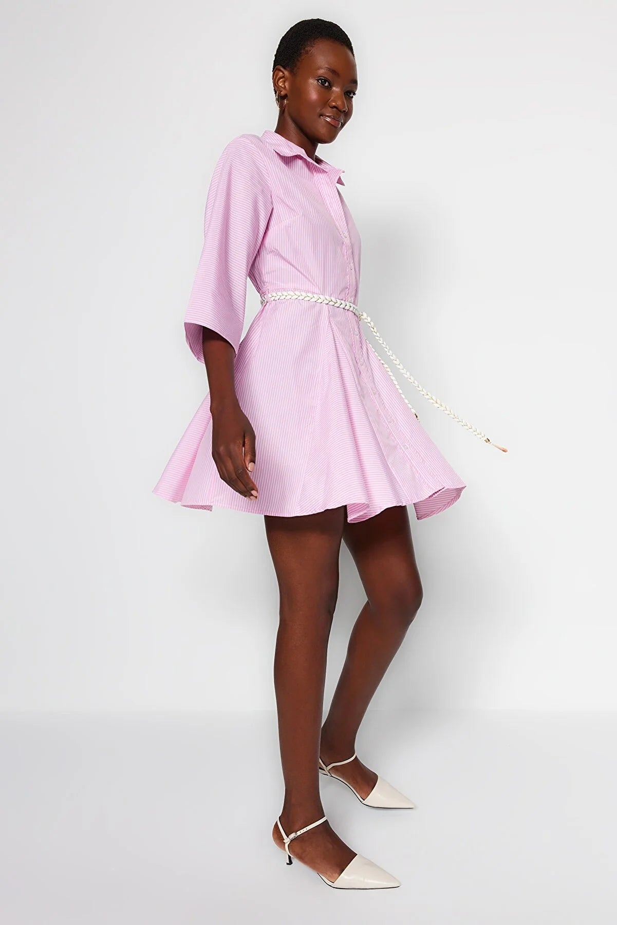 Women's Pink Striped Belted Mini Dress