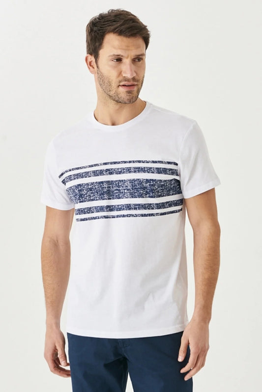 Men's White Slim Fit Crew-Neck 100% Cotton Printed T-Shirt