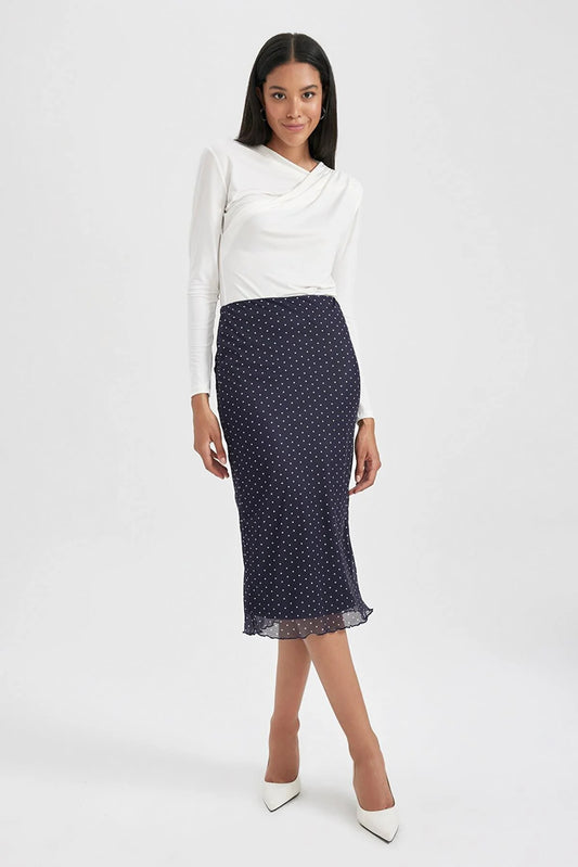 Women's Straight Fit Polka Dot Navy Midi Skirt