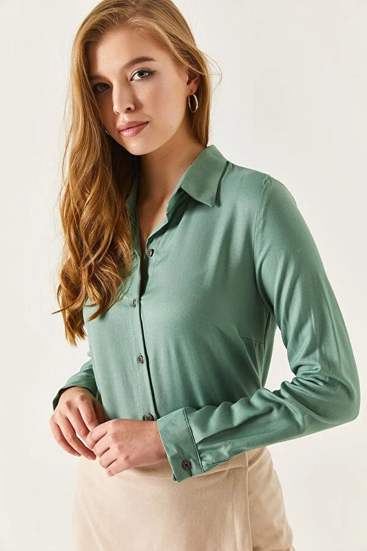 Women's Green Long Sleeve Plain Shirt