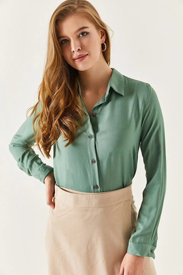 Women's Green Long Sleeve Plain Shirt