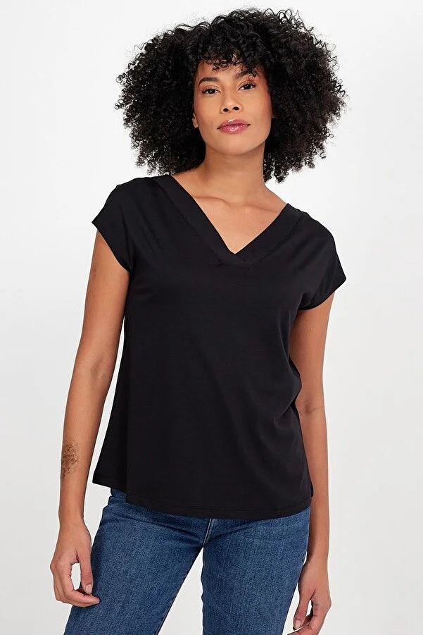 Women's Black V-Neck Back Detailed T-Shirt