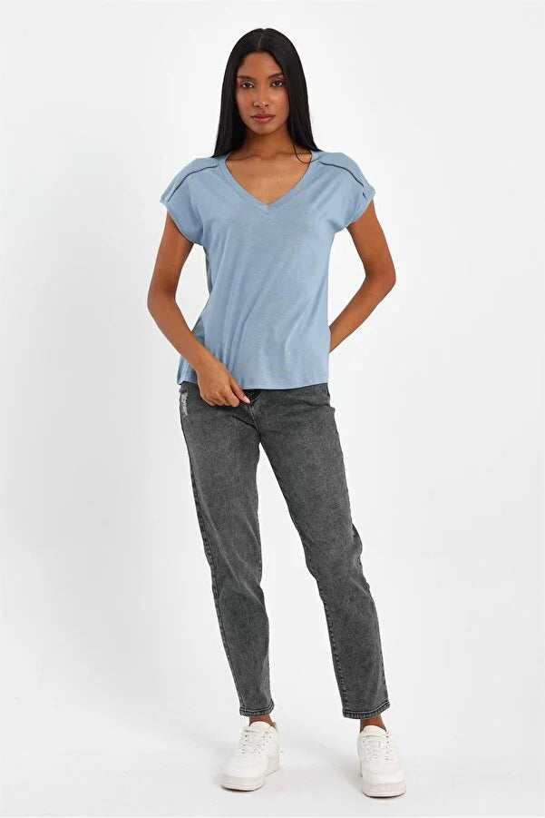 Women's Sky Blue V-Neck Regular Fit Detailed T-Shirt