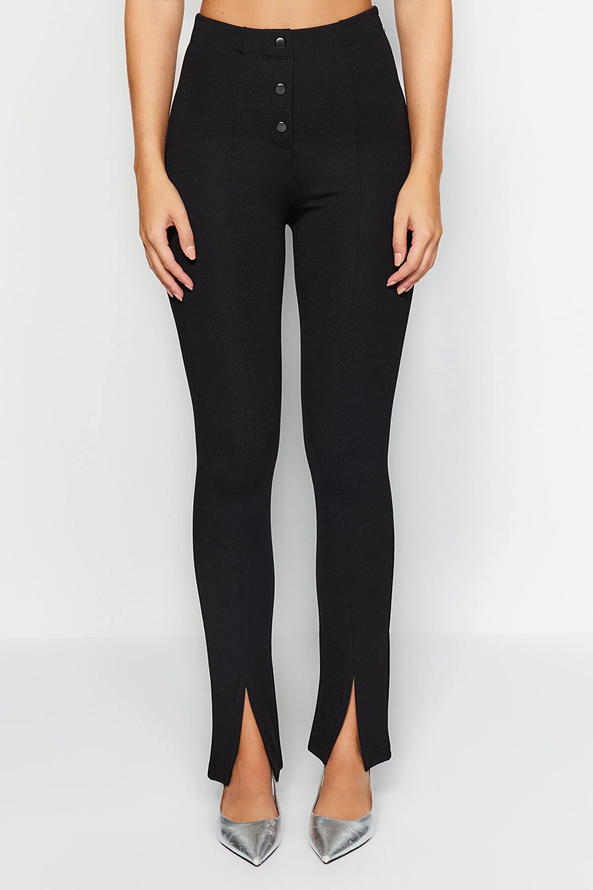 Women's Black Lifting Buttoned High-Waist Leggings