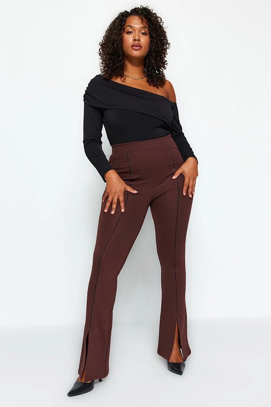 Women's Brown Rib-Stitch Detailed-Slit Leggings