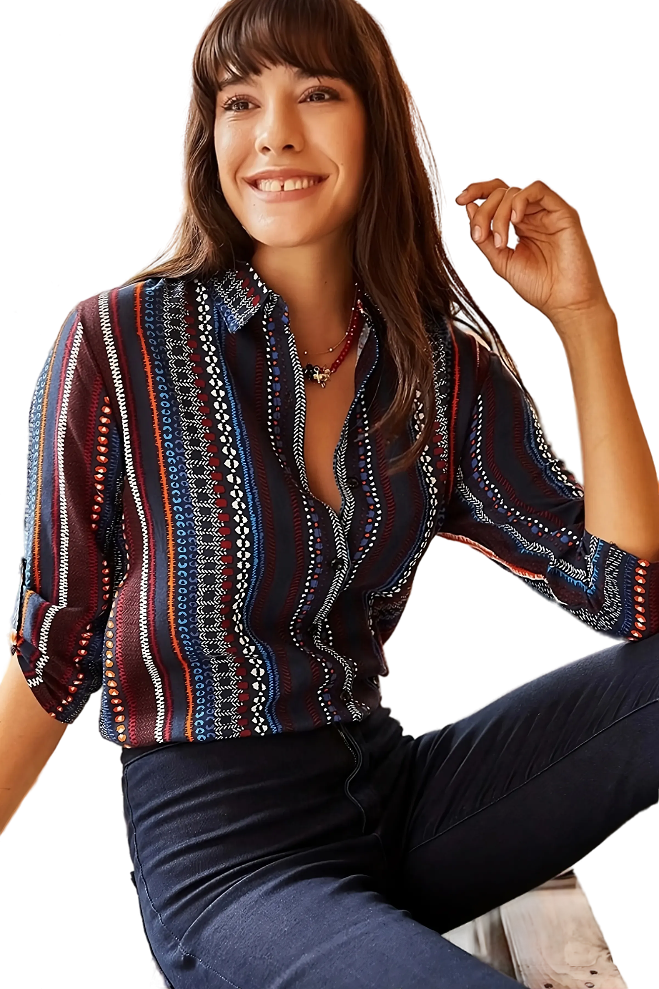 Women's Navy Blue Sleeve-Folded Patterned Shirt