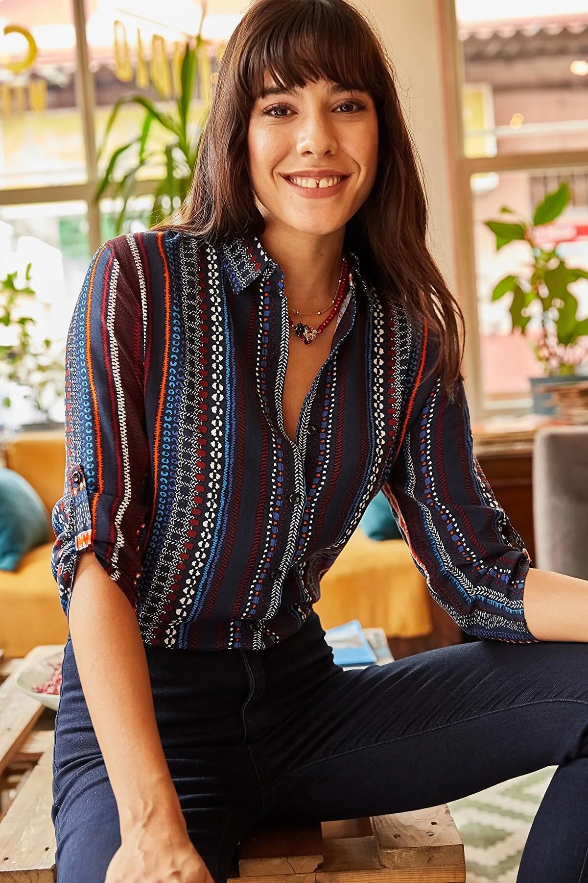 Women's Navy Blue Sleeve-Folded Patterned Shirt