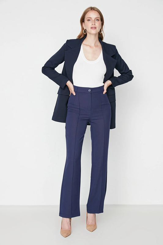 Women's Straight High-Waist Navy Blue Pants