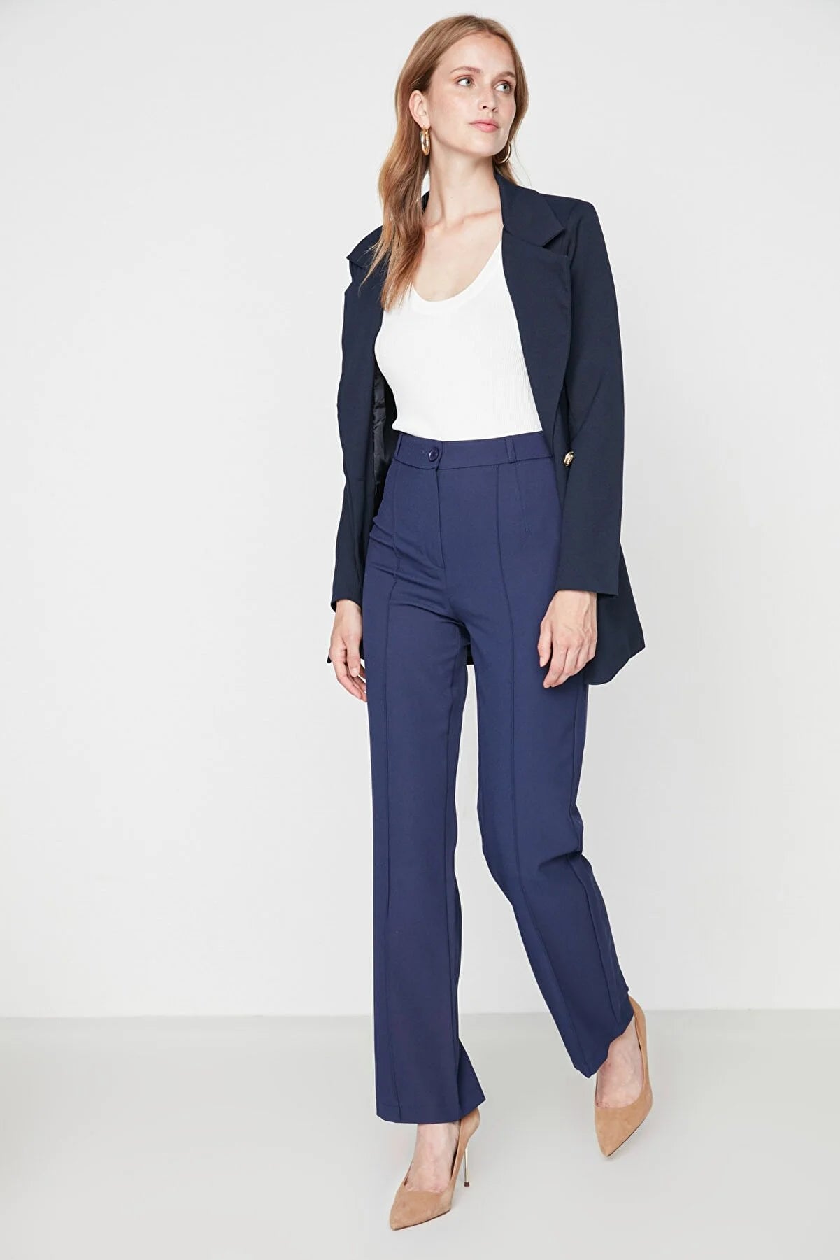 Women's Straight High-Waist Navy Blue Pants