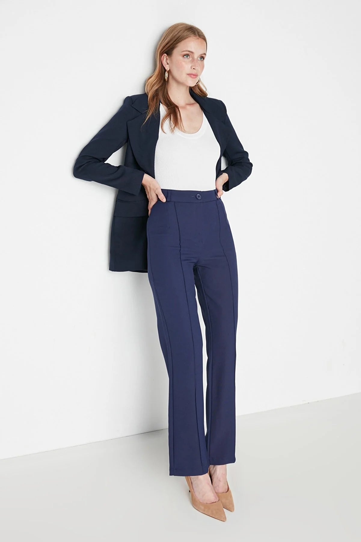 Women's Straight High-Waist Navy Blue Pants