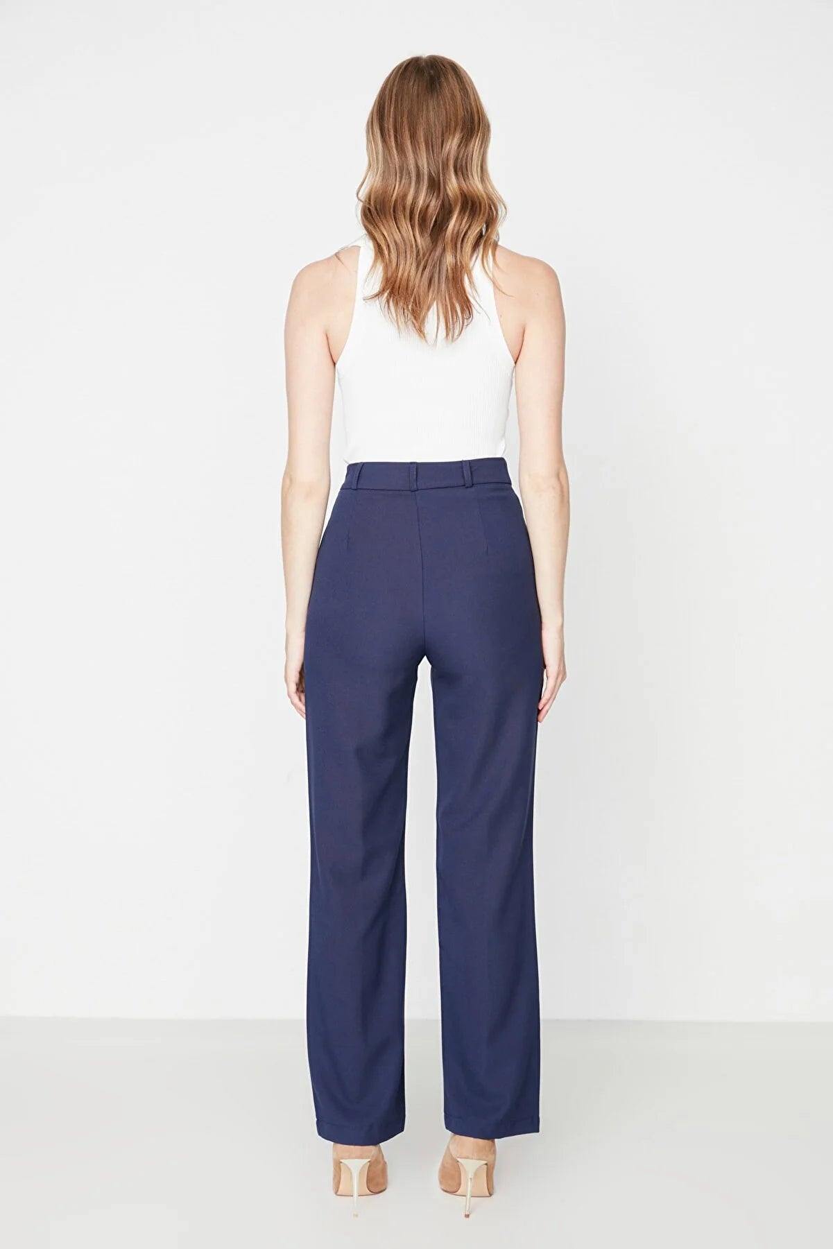 Women's Straight High-Waist Navy Blue Pants