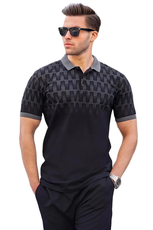 Slim Fit Cotton Black Patterned Men's Polo T-Shirt