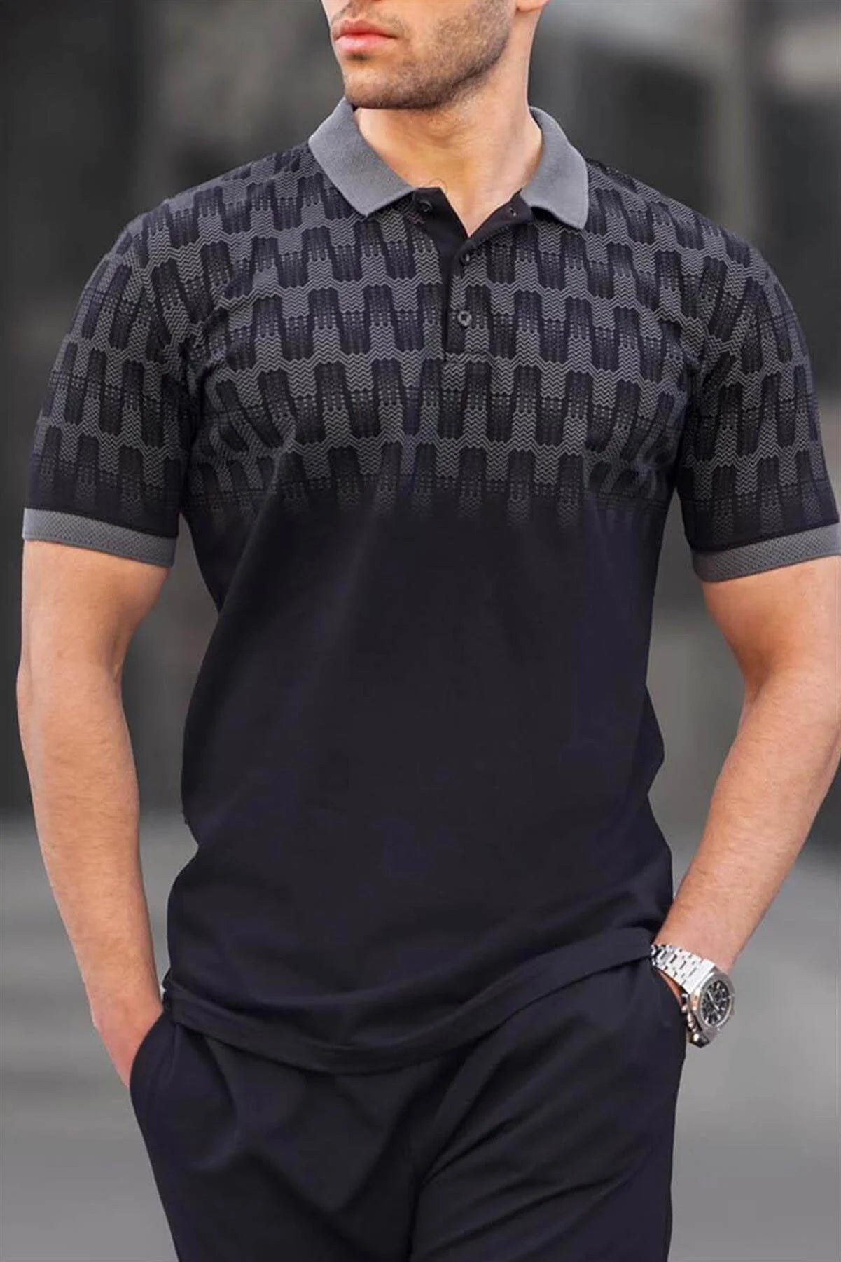 Slim Fit Cotton Black Patterned Men's Polo T-Shirt