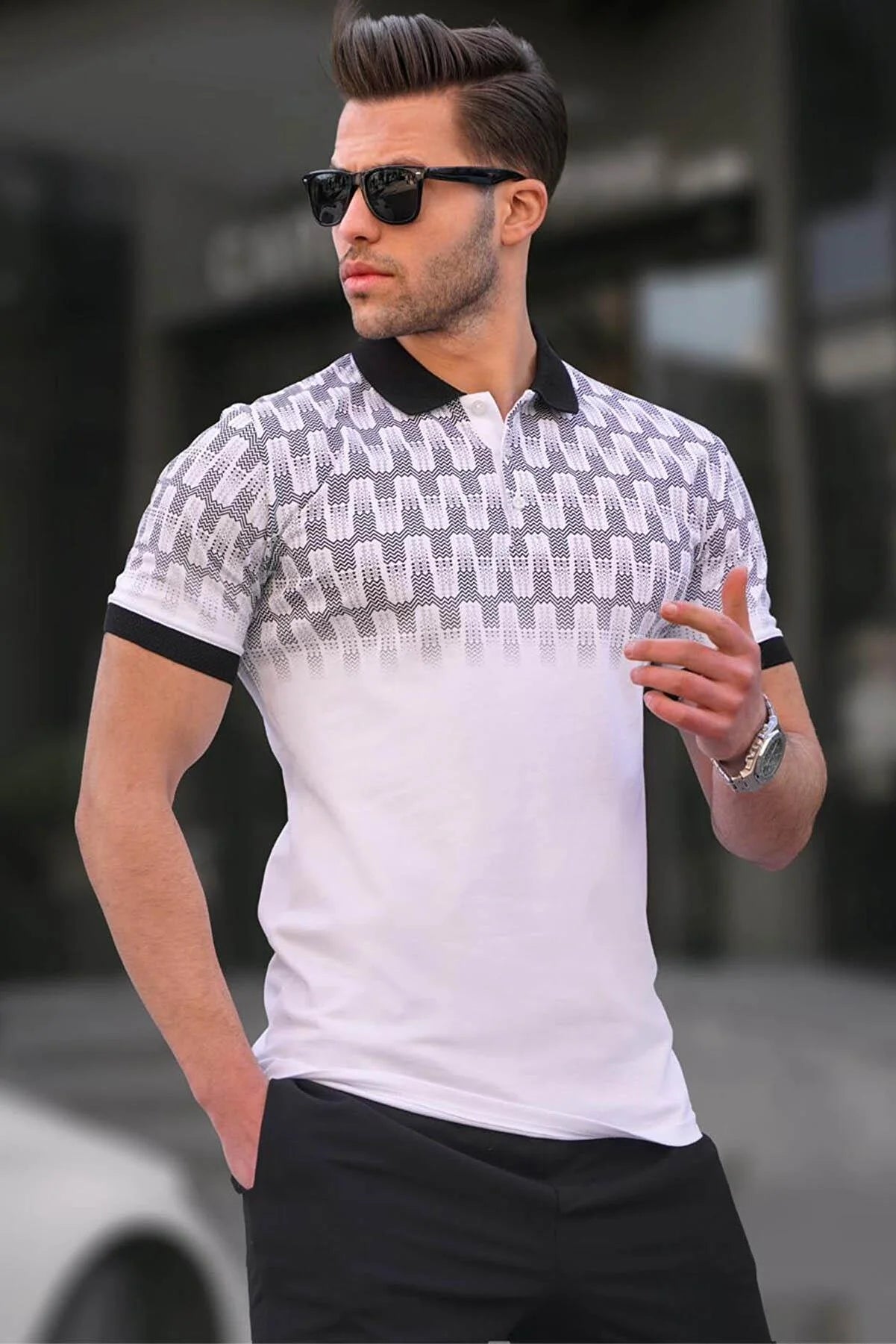 Slim Fit White Patterned Men's Polo T-Shirt