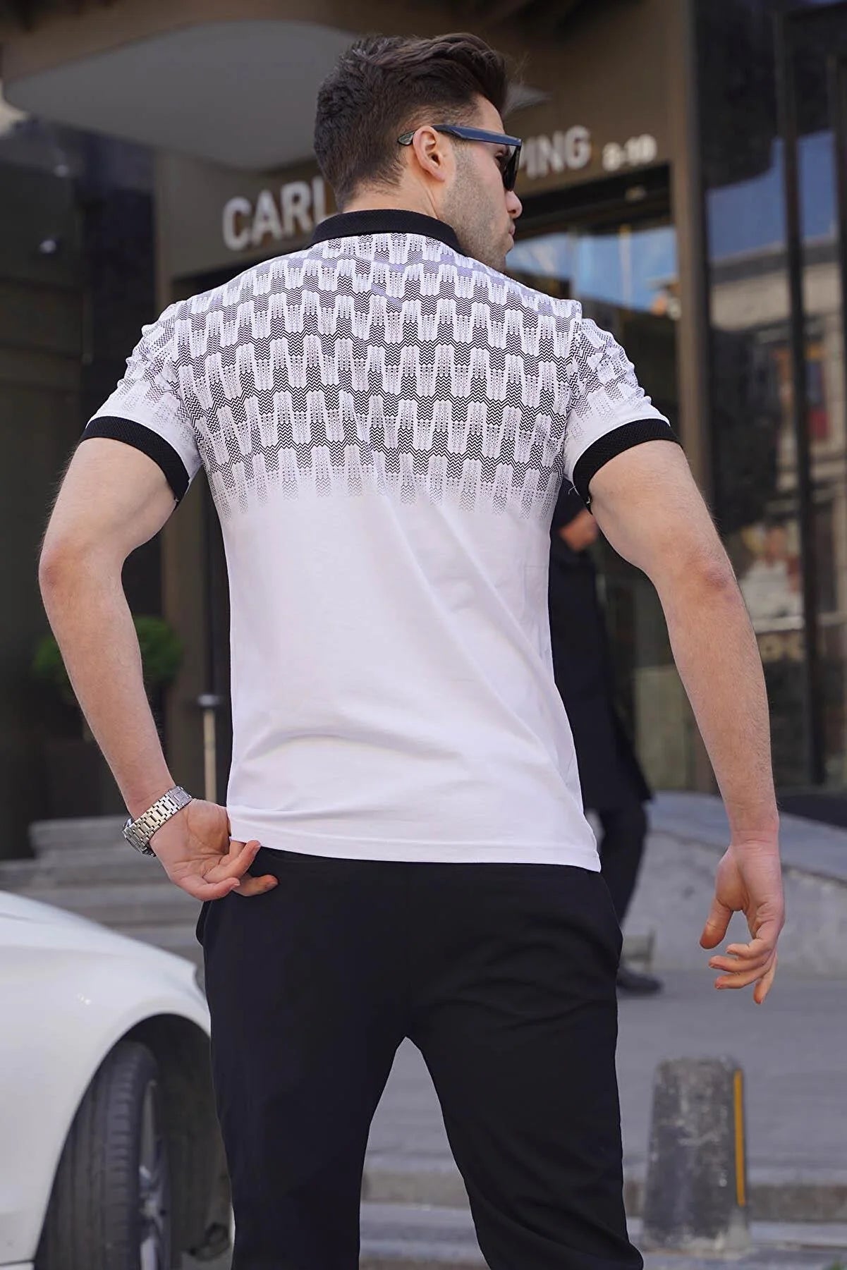 Slim Fit White Patterned Men's Polo T-Shirt