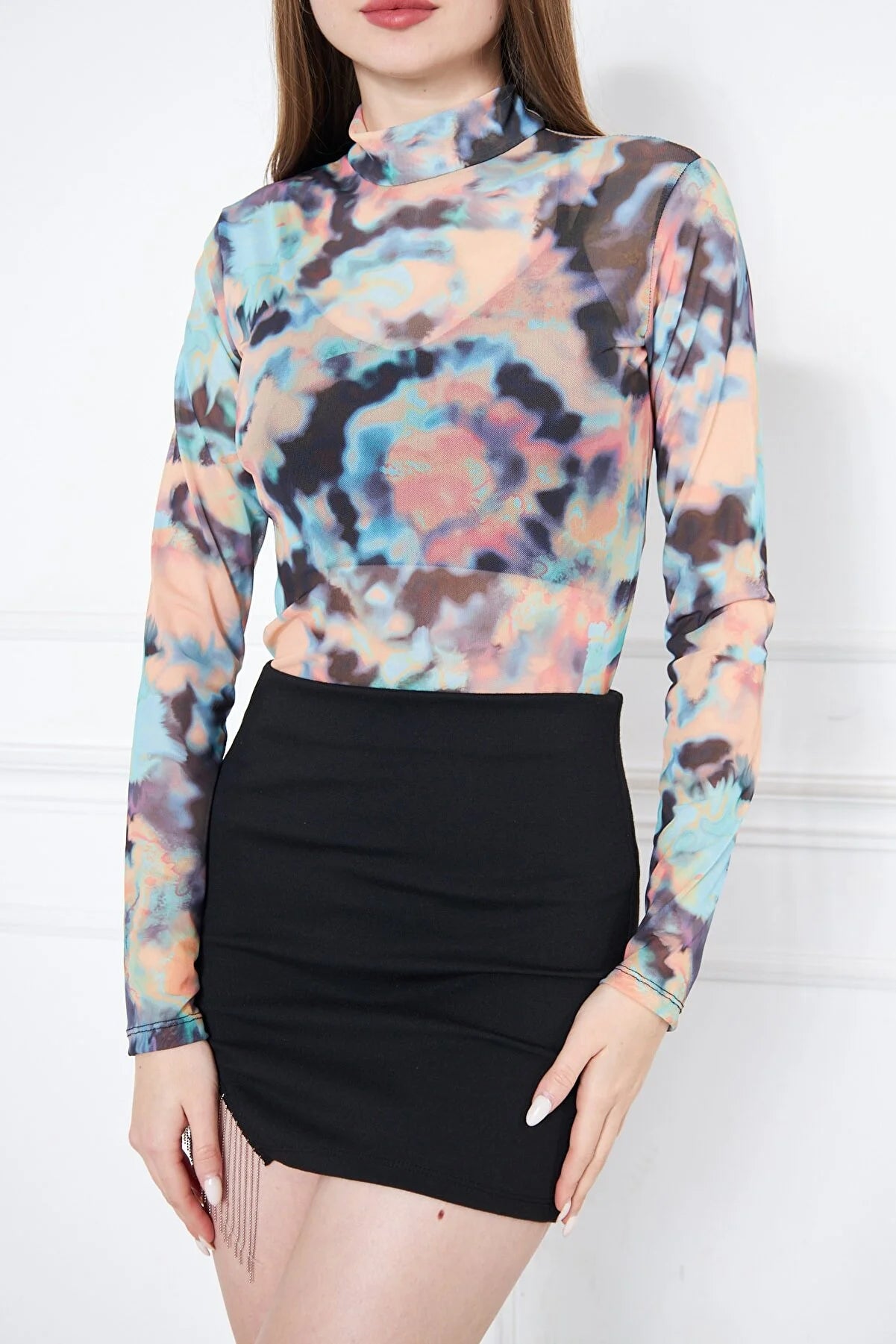 Women's Mixed Color Long Sleeve Transparent Blouse