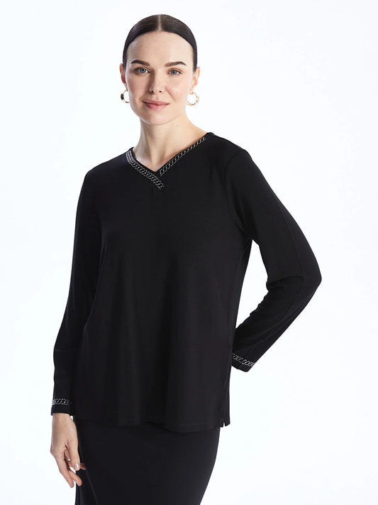 Women's Black V-Neck Long Sleeve Blouse