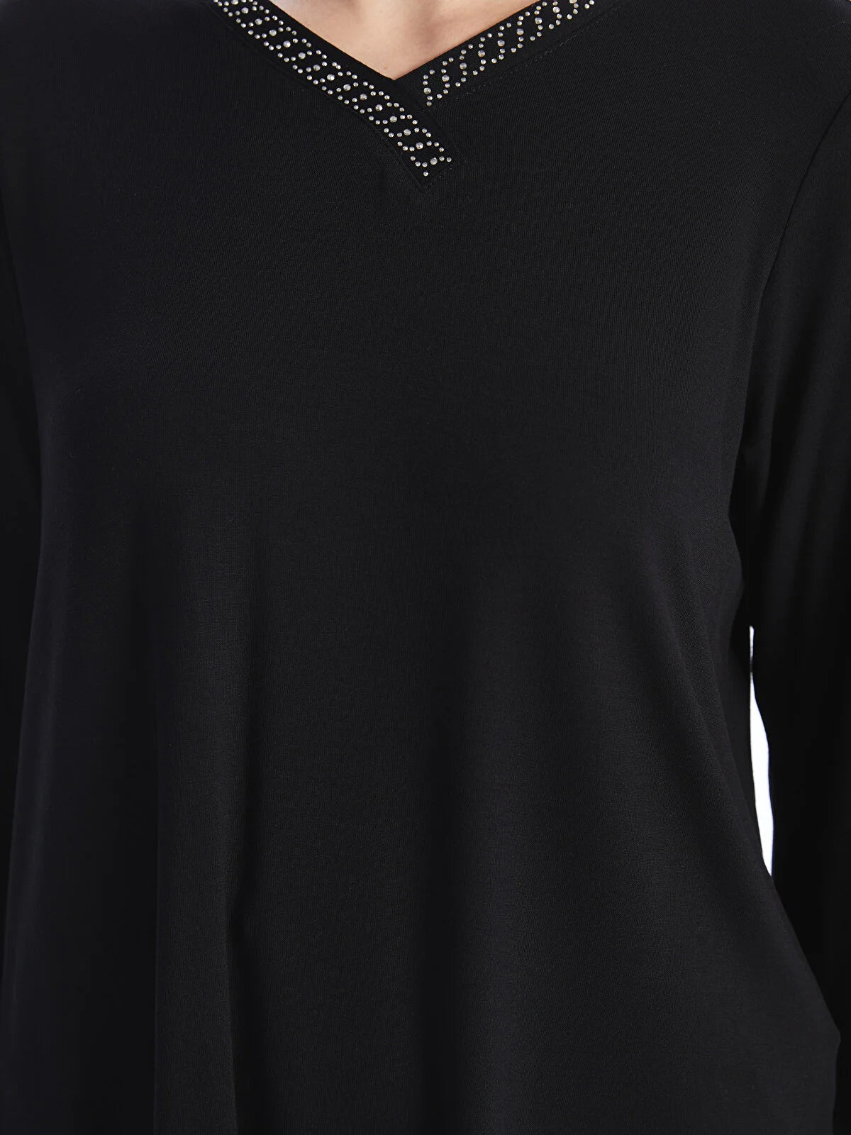 Women's Black V-Neck Long Sleeve Blouse